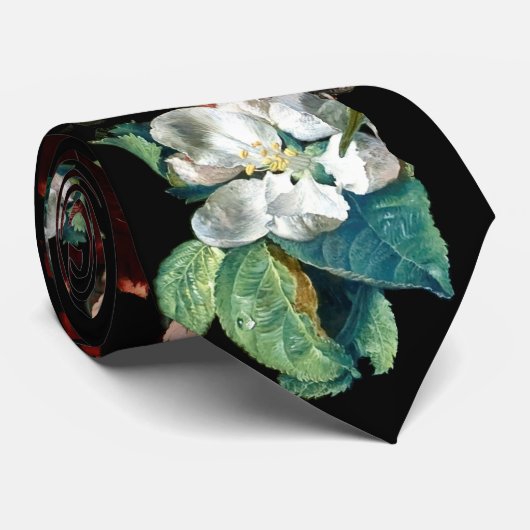 ピンクのバラ、蝶、黒いフローラの白い花 ネクタイ (ロール)