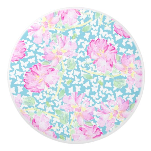 ピンクのバラ、青いセラミックノブ上の白い蝶 セラミックノブ (正面)