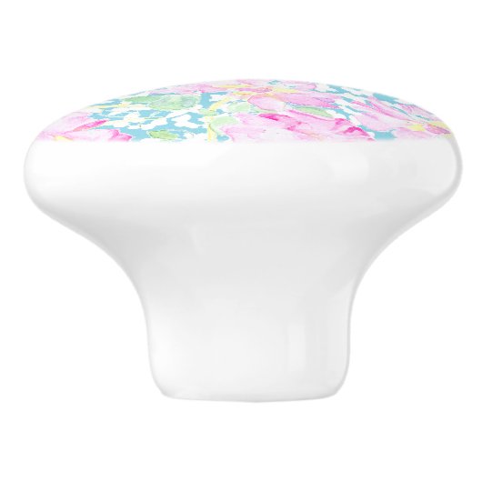 ピンクのバラ、青いセラミックノブ上の白い蝶 セラミックノブ (側面)