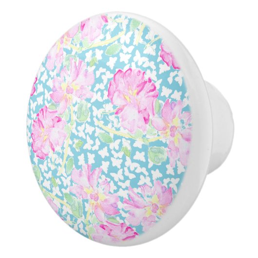 ピンクのバラ、青いセラミックノブ上の白い蝶 セラミックノブ (右)