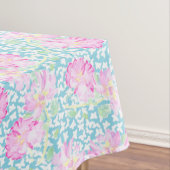 ピンクのバラ、青いテーブルクロスの白い蝶 テーブルクロス (インサイチュ)