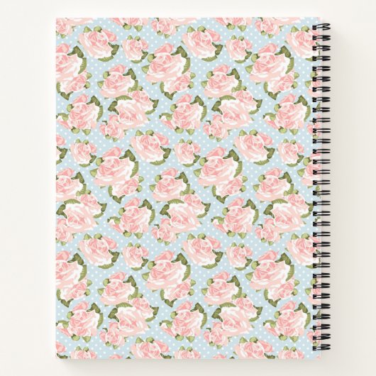 ピンクのバラ – 青と白の水玉模様 ノートブック (裏面)