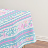 ピンクのバラ、青、ピンク、白のストライプのテーブルクロス テーブルクロス (インサイチュ)