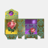 ピンクのバラ、黄色のティール（緑がかった色）ダマスク、紫の宝石モノグラム フェイバーボックス (折り畳みなし)