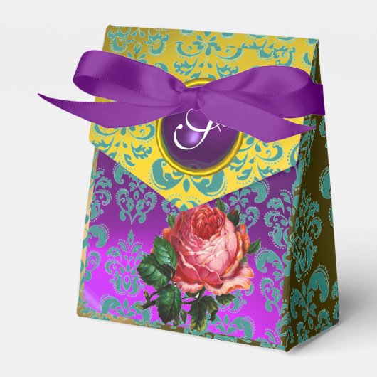 ピンクのバラ、黄色のティール（緑がかった色）ダマスク、紫の宝石モノグラム フェイバーボックス (正面サイド)