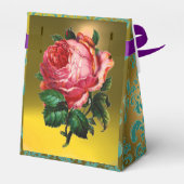 ピンクのバラ、黄色のティール（緑がかった色）ダマスク、紫の宝石モノグラム フェイバーボックス (裏面サイド)