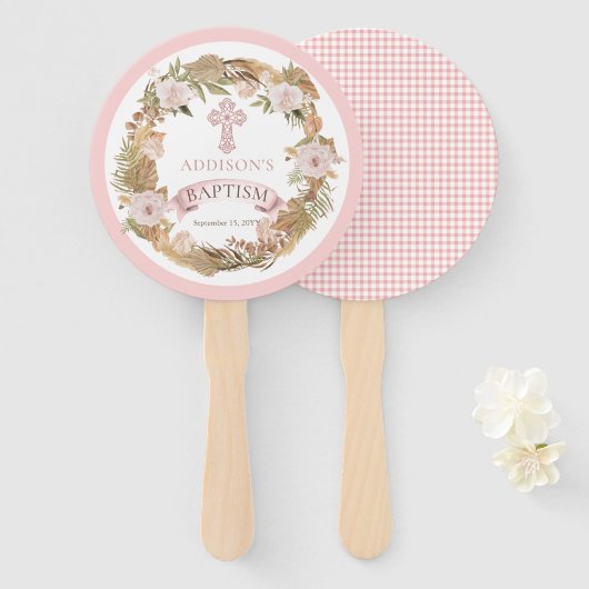 ピンクのバラ | Dried Grises Flora Girl Baptism ハンドファン (正面&裏面)