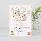 ピンクのバラAベビーは紅茶を醸造しているパーティーベビーシャワー 招待状 (スタンド正面)