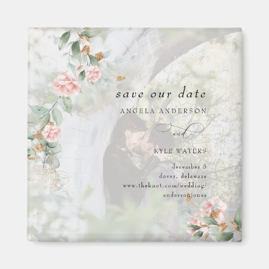 ピンクのバラEucalyptus写真Save the Date マグネット (正面)