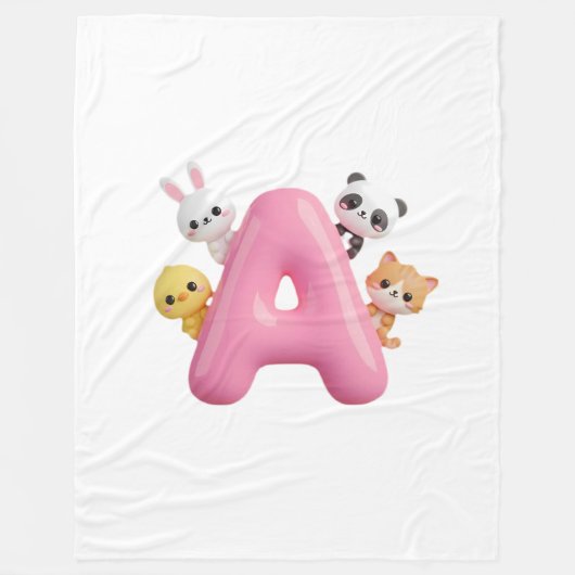 ピンクのバルーンとLetter A 森林動物 ベビーブランケット フリースブランケット (正面)