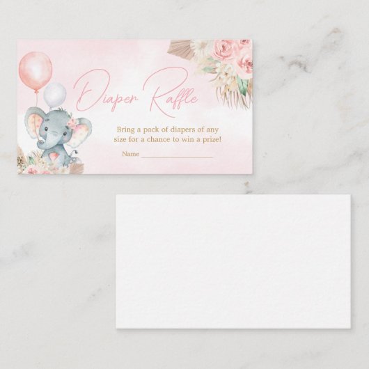 ピンクのバルーンエレファントベビーシャワーおむつラッフル エンクロージャーカード (正面/裏面)