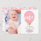ピンクのバルーンガール最初の誕生日と写真かわいい 招待状 (正面/裏面)