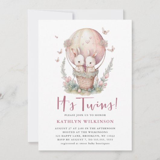 ピンクのバルーンバタフライそれは双子の女の子の赤ちゃんシャワー 招待状 (正面)