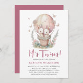 ピンクのバルーンバタフライそれは双子の女の子の赤ちゃんシャワー 招待状 (正面/裏面)