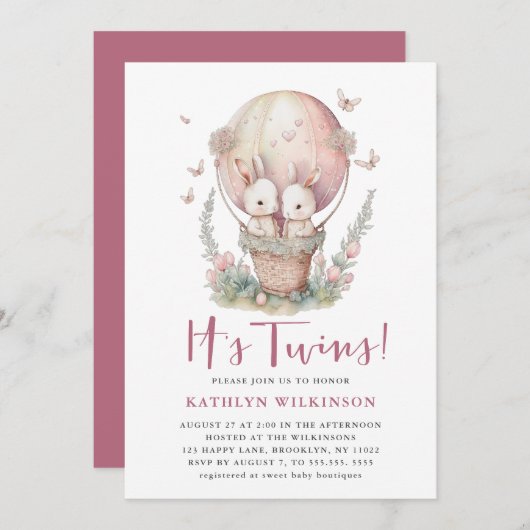 ピンクのバルーンバタフライそれは双子の女の子の赤ちゃんシャワー 招待状 (正面/裏面)