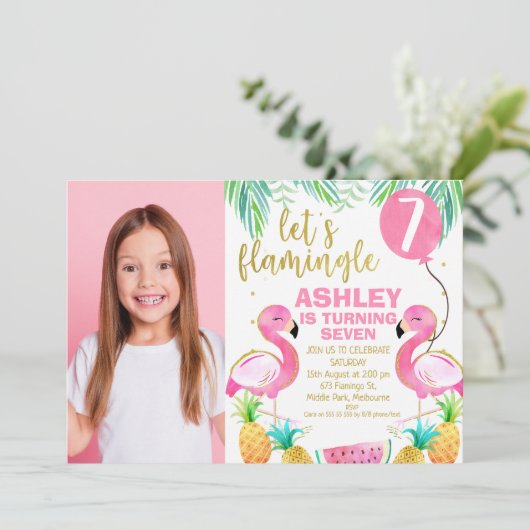 ピンクのバルーンフォトは任意の年齢の誕生日を点滅させる 招待状 (スタンド正面)