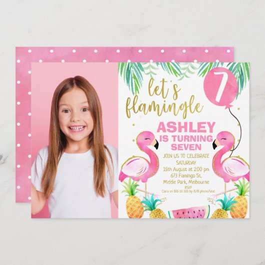 ピンクのバルーンフォトは任意の年齢の誕生日を点滅させる 招待状 (正面/裏面)