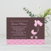 ピンクのバルーン付きベビーカーベビーシャワー招待状 招待状 (スタンド正面)