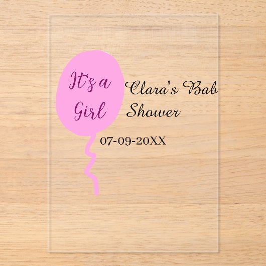 ピンクのバルーン女の子の赤ちゃんシャワー追加の名前の日付 アクリル招待状 (正面)