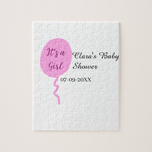 ピンクのバルーン女の子の赤ちゃんシャワー追加の名前の日付 ジグソーパズル (縦)