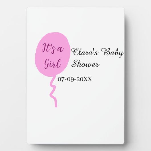 ピンクのバルーン女の子の赤ちゃんシャワー追加の名前の日付 フォトプラーク (正面)