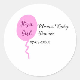 ピンクのバルーン女の子の赤ちゃんシャワー追加の名前の日付 ラウンドシール