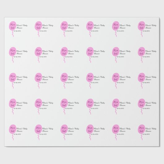 ピンクのバルーン女の子の赤ちゃんシャワー追加の名前の日付 ラッピングペーパー (フラット)