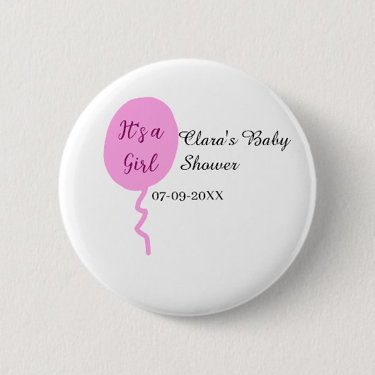 ピンクのバルーン女の子の赤ちゃんシャワー追加の名前の日付 缶バッジ (正面)