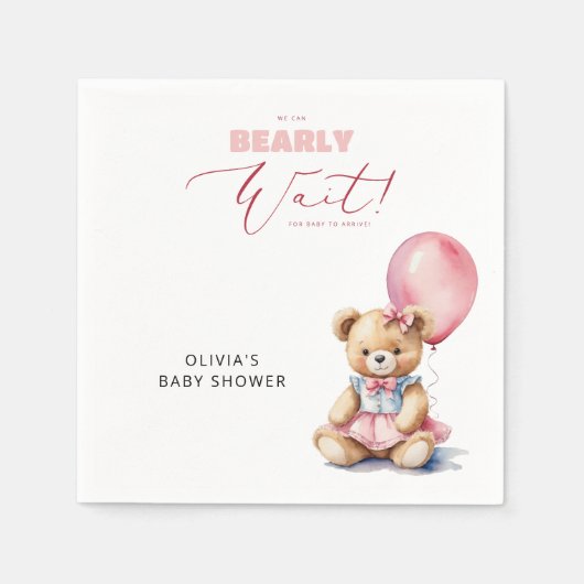 ピンクのバルーン我々は心待ちできる女の子の赤ちゃんシャワー スタンダードカクテルナプキン (正面)