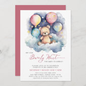 ピンクのバルーン我々は心待ちできる女の子の赤ちゃんシャワー 招待状 (正面/裏面)