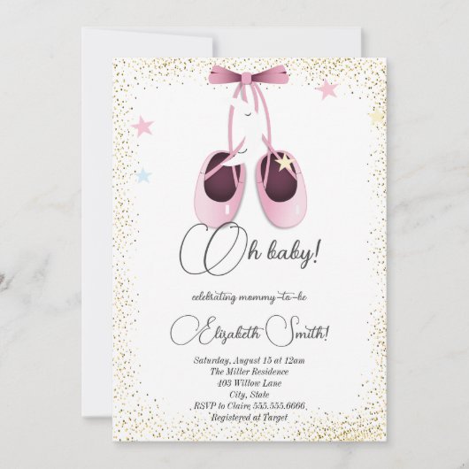 ピンクのバレエのフラッツ、かわいい星の赤ちゃんシャワーがインビタット 招待状 (正面)