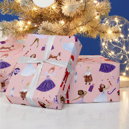 ピンクのバレリーナと白いクリスマスツリーのナッツクラッカー ラッピングペーパー