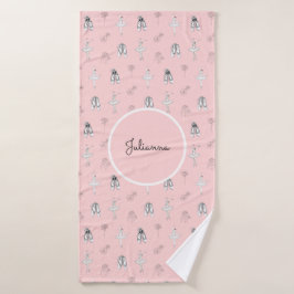 ピンクのバレリーナと花 バスタオル