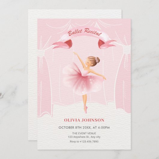 ピンクのバレリーナのバレエ発表会 招待状 (正面/裏面)