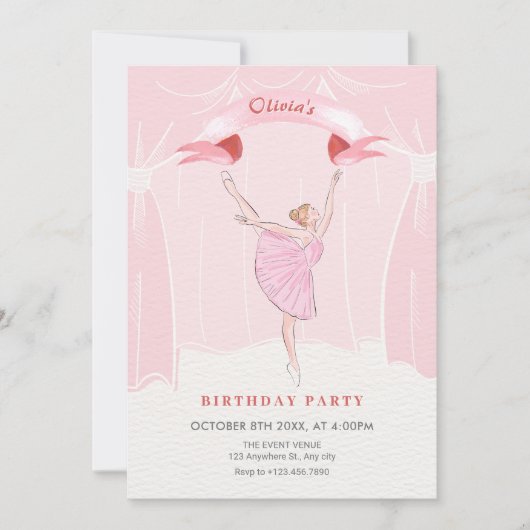 ピンクのバレリーナの誕生日 招待状 (正面)