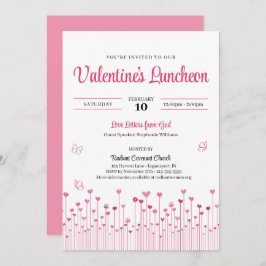 ピンクのバレンタインデーの教会ランチョン ハートの花 招待状