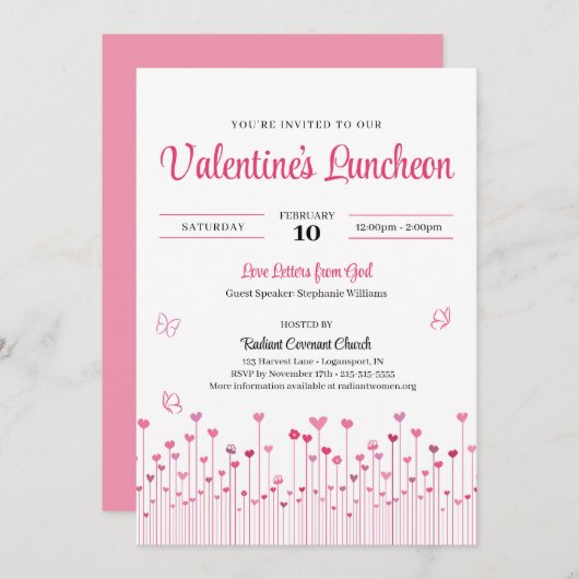 ピンクのバレンタインデーの教会ランチョン ハートの花 招待状 (正面/裏面)