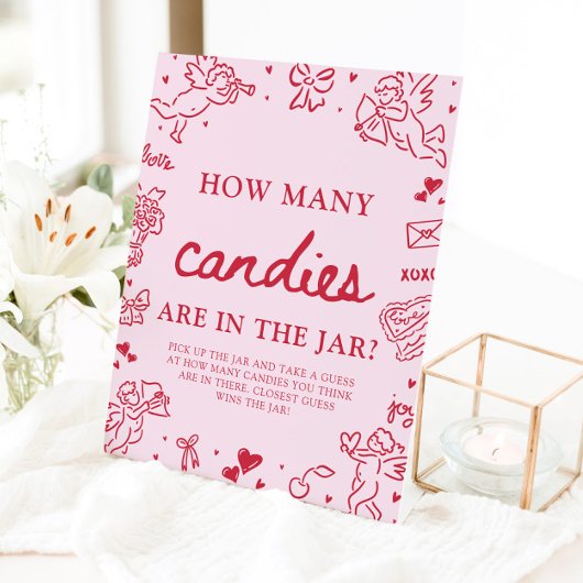 ピンクのバレンタイン　おやつをいくつゲットできるかな　ベイビーシャワー 台座サイン