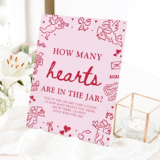 ピンクのバレンタイン ハートがいくつあるかな？ベイビーシャワー 台座サイン