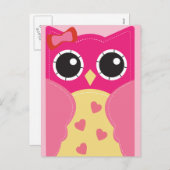 ピンクのバレンタイン・フクロウ教室子供へカード シーズンポストカード (正面/裏面)