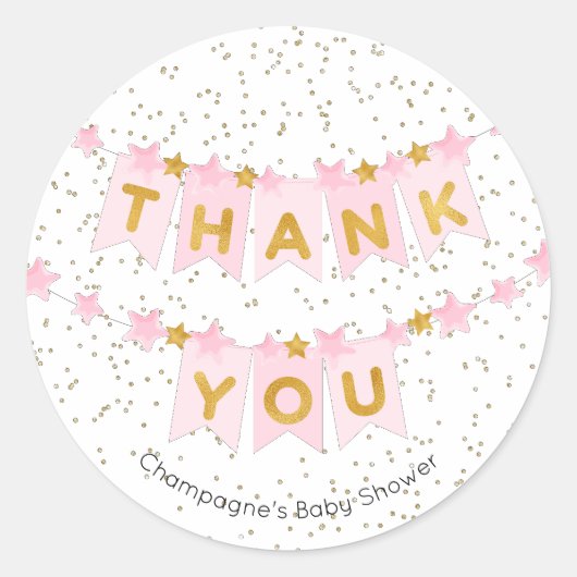 ピンクのバンティングフラグ金ゴールドありがとう ラウンドシール (正面)