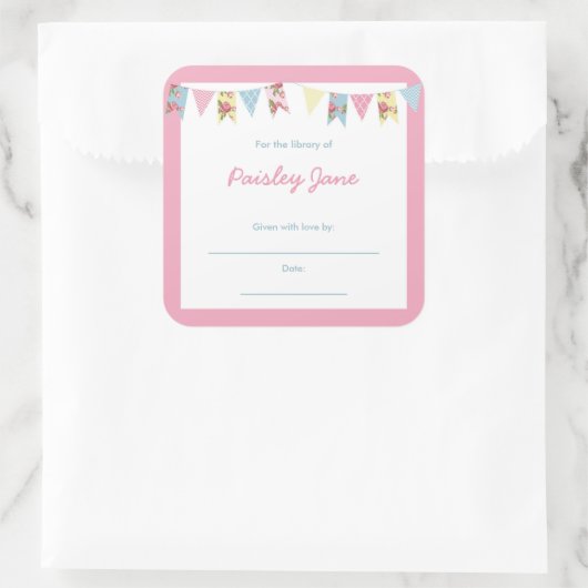 ピンクのバンティングベビーシャワーブック蔵書票 スクエアシール (バッグ)