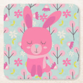 ピンクのバンニと花 スクエアペーパーコースター (正面)