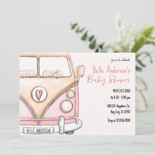 ピンクのバンヴィンテージの赤ちゃんシャワー 招待状 (スタンド正面)