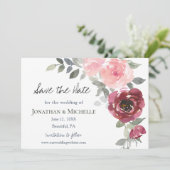 ピンクのバーガンディの花の緑の水の色結婚's セーブザデート (スタンド正面)