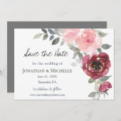 ピンクのバーガンディの花の緑の水の色結婚's セーブザデート (正面/裏面)