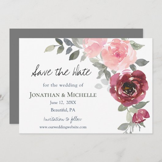 ピンクのバーガンディの花の緑の水の色結婚's セーブザデート (正面/裏面)