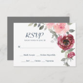 ピンクのバーガンディの花の緑の水の色結婚's 出欠カード (正面/裏面)