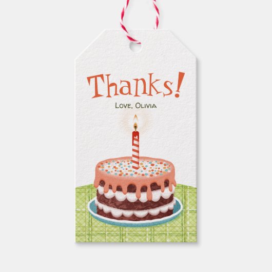 ピンクのバースデーケーキとキャンドル１本 ギフトタグ (正面)