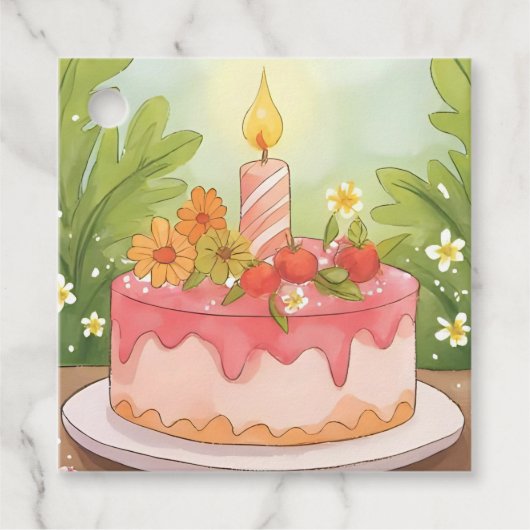 ピンクのバースデーケーキ | お誕生日おめでとう フェイバータグ (正面)